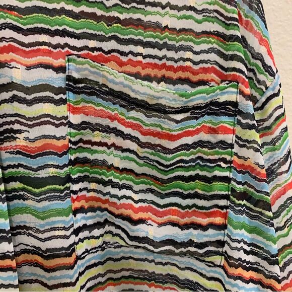 FOREVER 21 SHIRT WOMENS LARGE MUTI COLORED STRIPED SHEER HIDDEN BUTTON UP. - Picture 8 of 14